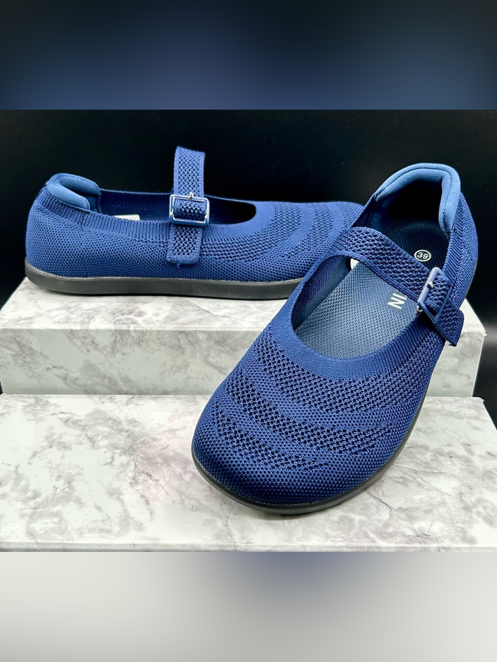 WHITIN Barefoot Style-Mary Jane Flats - Breathable Knit Navy Blue. EU Size 39